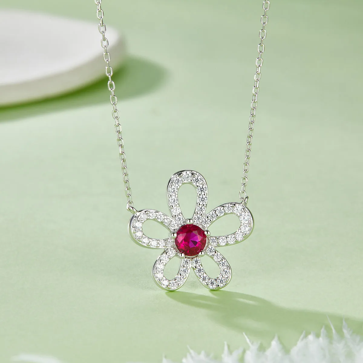 0.5 Carat Round Lab Created Emerald/Ruby Flower Necklace in S925 Silver with Platinum Plating