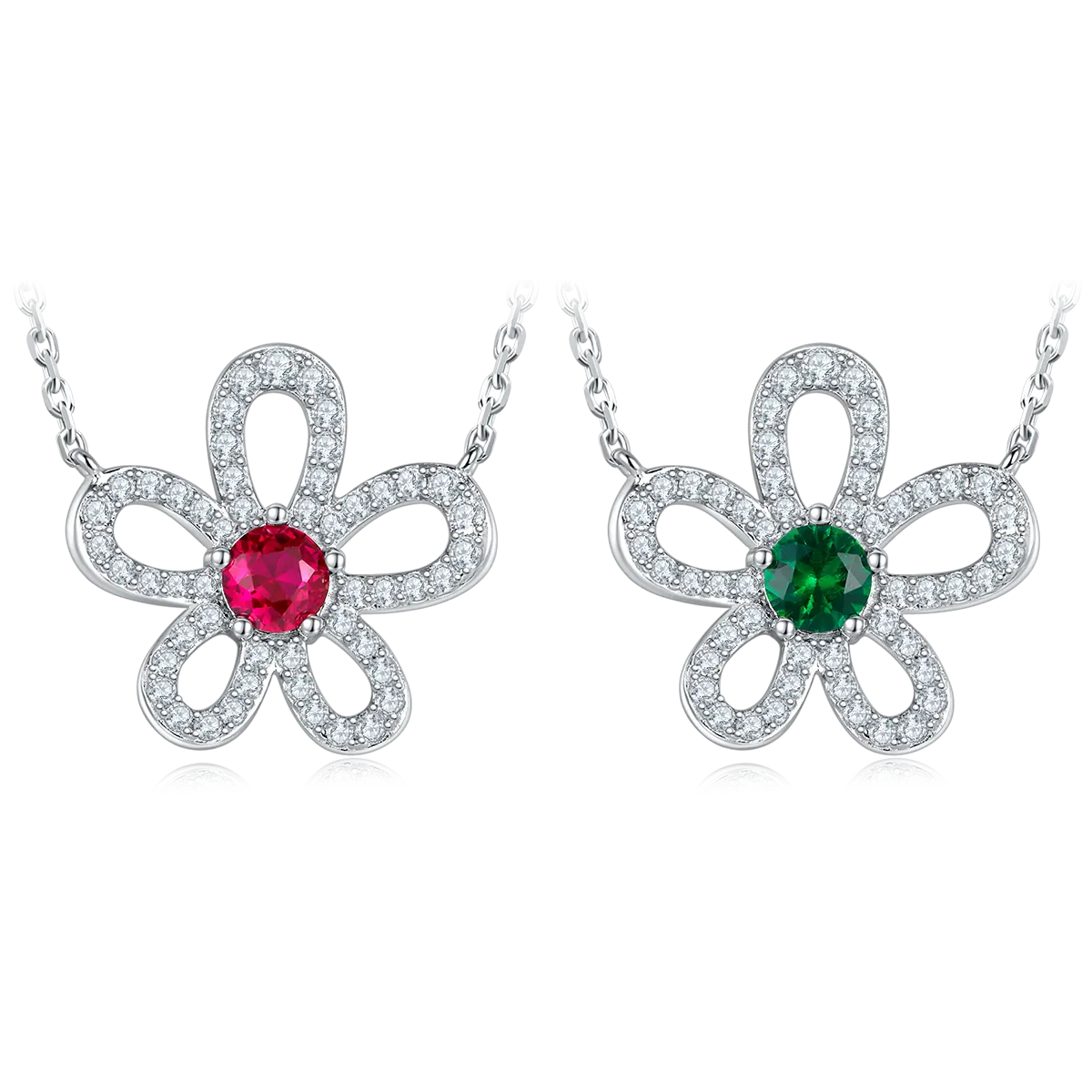 0.5 Carat Round Lab Created Emerald/Ruby Flower Necklace in S925 Silver with Platinum Plating