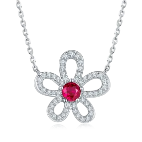 0.5 Carat Round Lab Created Emerald/Ruby Flower Necklace in S925 Silver with Platinum Plating