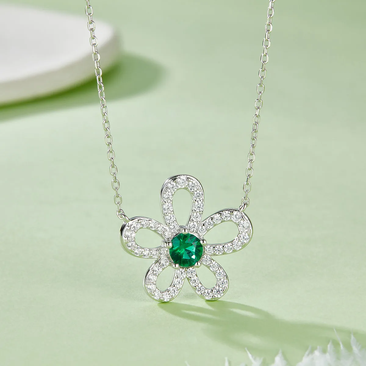 0.5 Carat Round Lab Created Emerald/Ruby Flower Necklace in S925 Silver with Platinum Plating