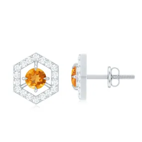 1 CT Minimal Citrine and Diamond Geometric Stud Earrings