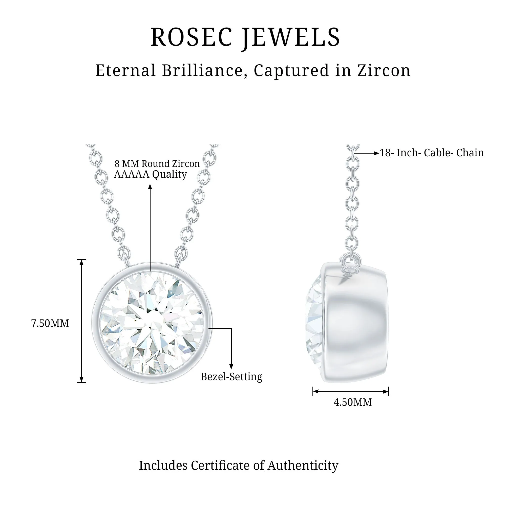 1 CT Round Cubic Zirconia Solitaire Necklace in Bezel Setting