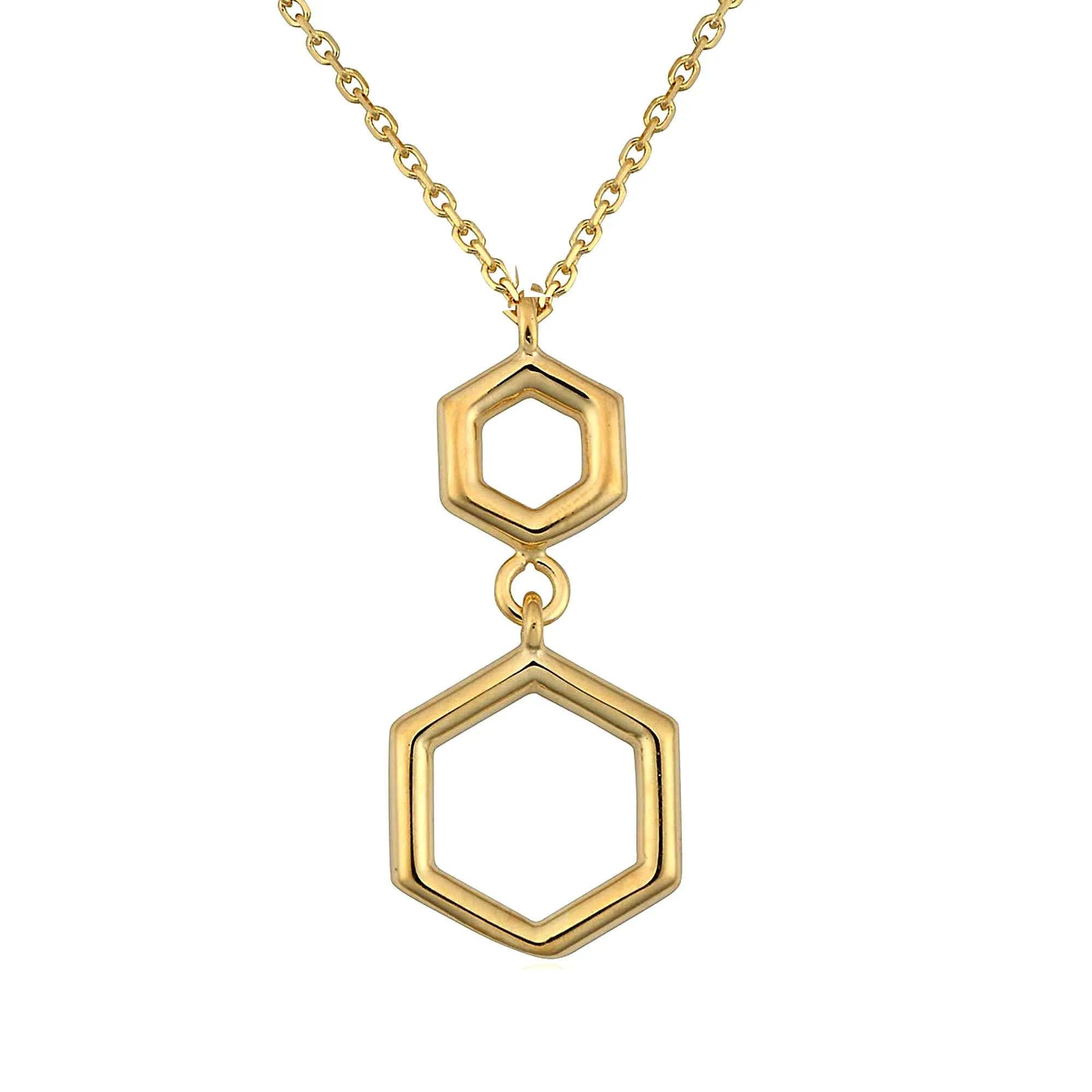 10K Yellow Gold Double Hexagon Geometric Pendant Necklace, 18"