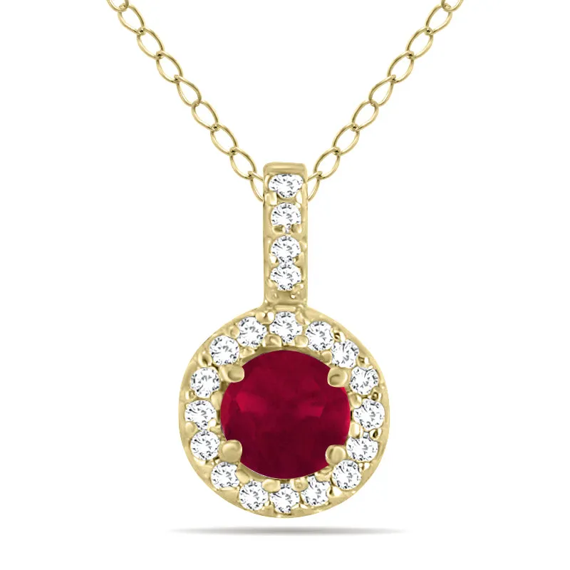 1/2 Carat Tw Halo Ruby And Diamond Pendant In 10K Yellow Gold