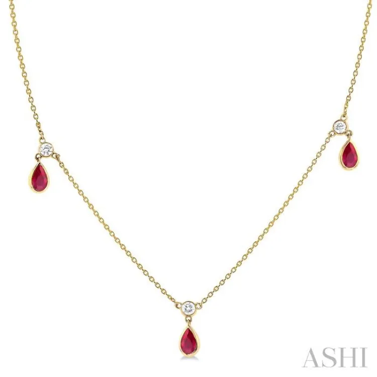 1/4 ctw Round Cut Diamonds and 5X3MM Pear Shape Ruby Precious Station Necklace in 14K Yellow Gold