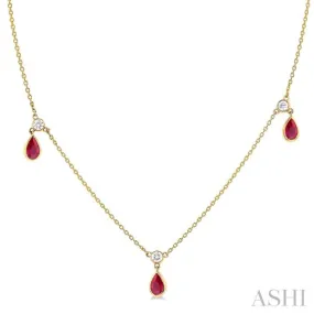 1/4 ctw Round Cut Diamonds and 5X3MM Pear Shape Ruby Precious Station Necklace in 14K Yellow Gold