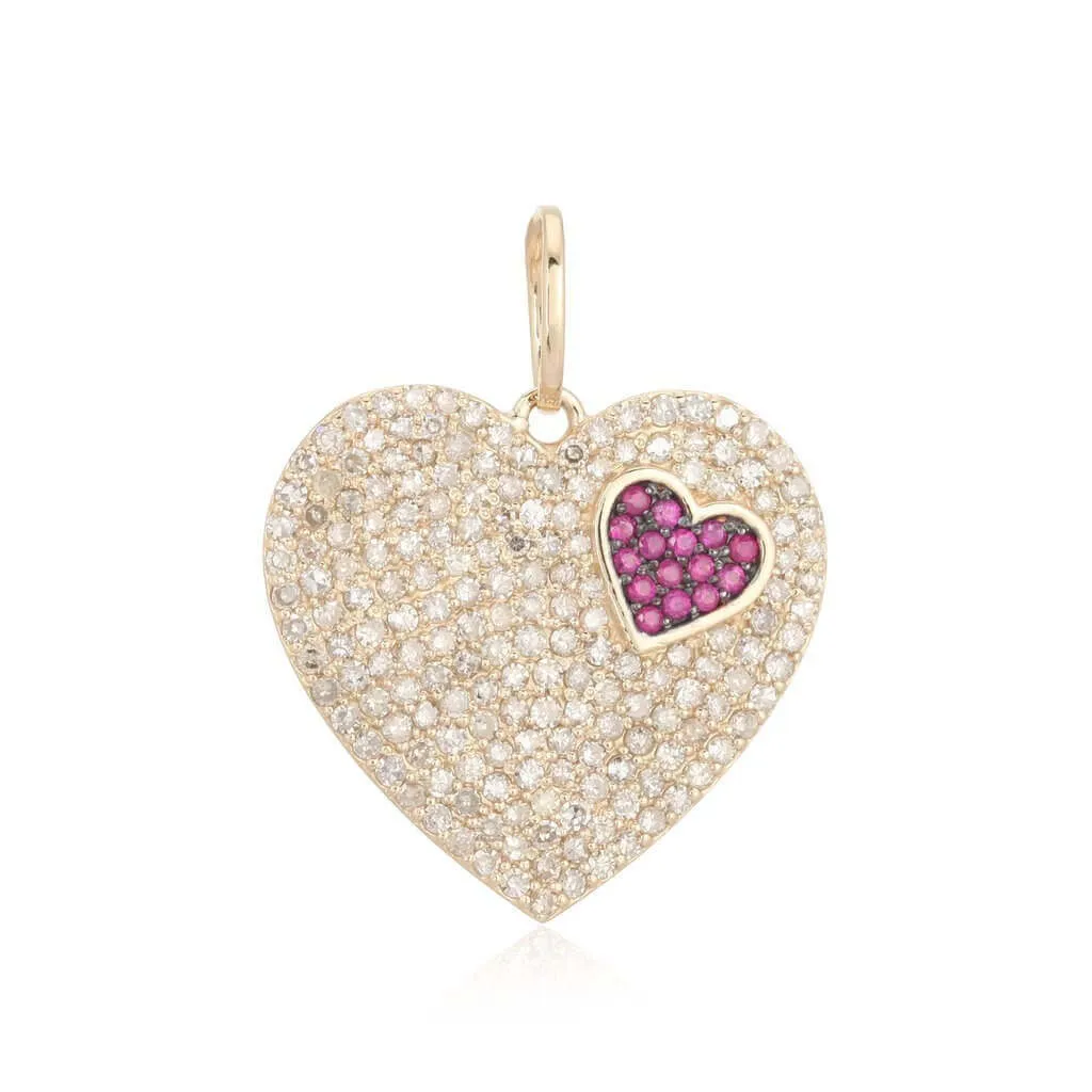 14K Gold Micro Pave Diamond   Ruby Hearts Necklace Charm