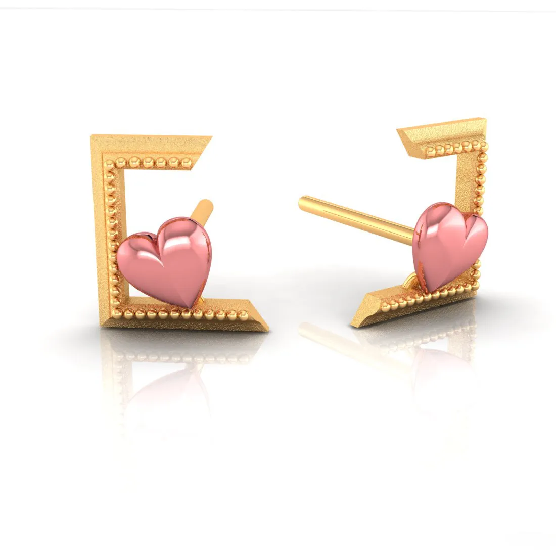 14k Half Square And Hearts Gold Earrings