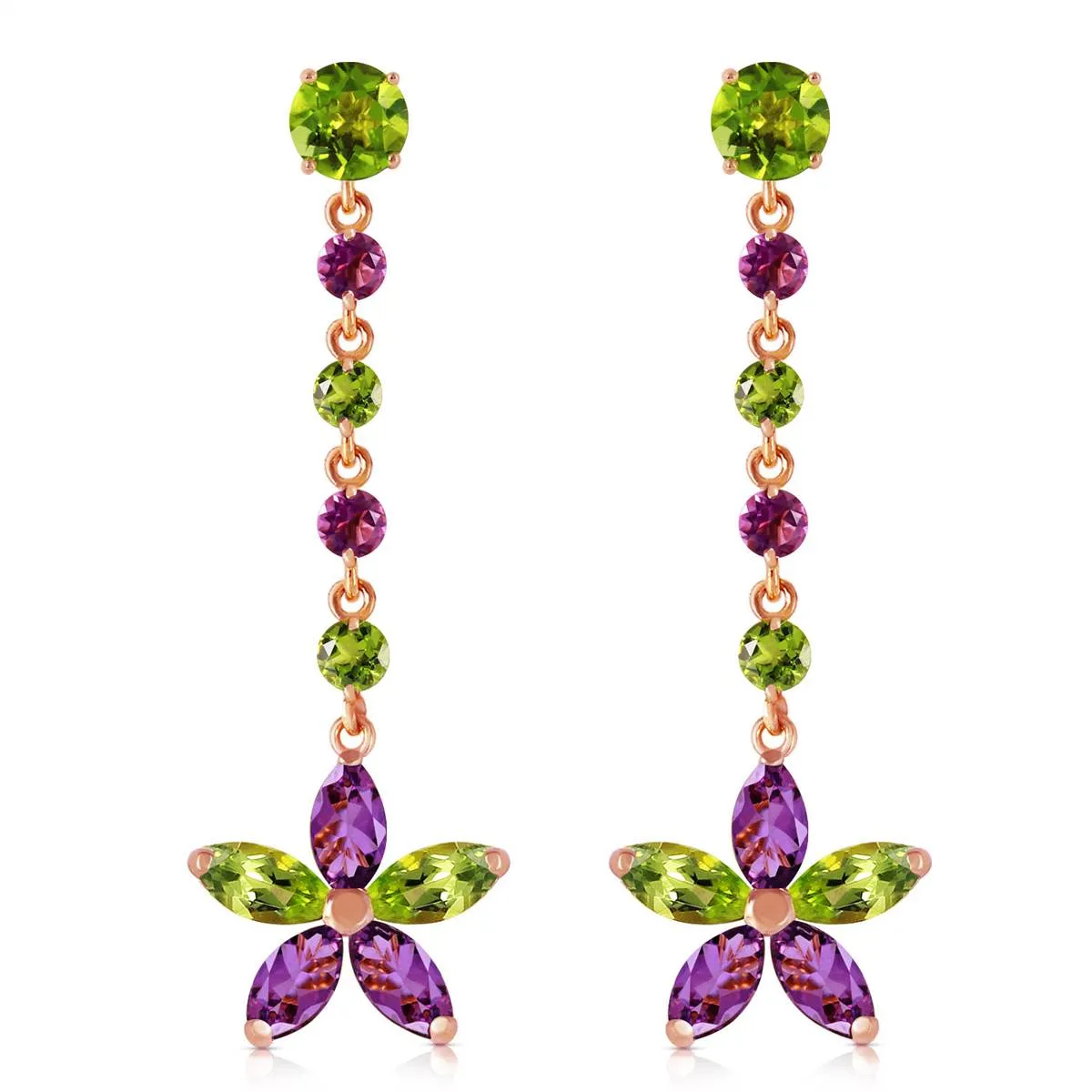 14K Solid Rose Gold Chandelier Earrings w/ Peridot & Amethyst