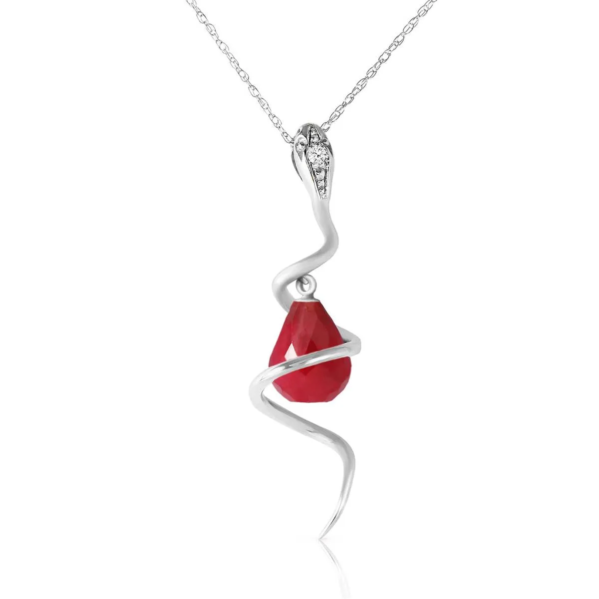 14K Solid White Gold Snake Necklace w/ Dangling Briolette Dyed Ruby & Diamond