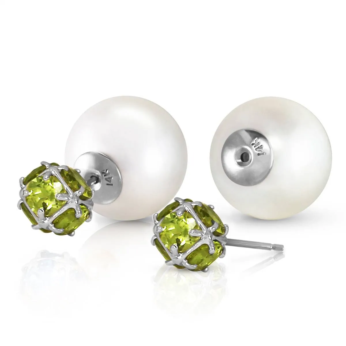 14K Solid White Gold Tribal Double Shell Pearls And Peridots Stud Earrings