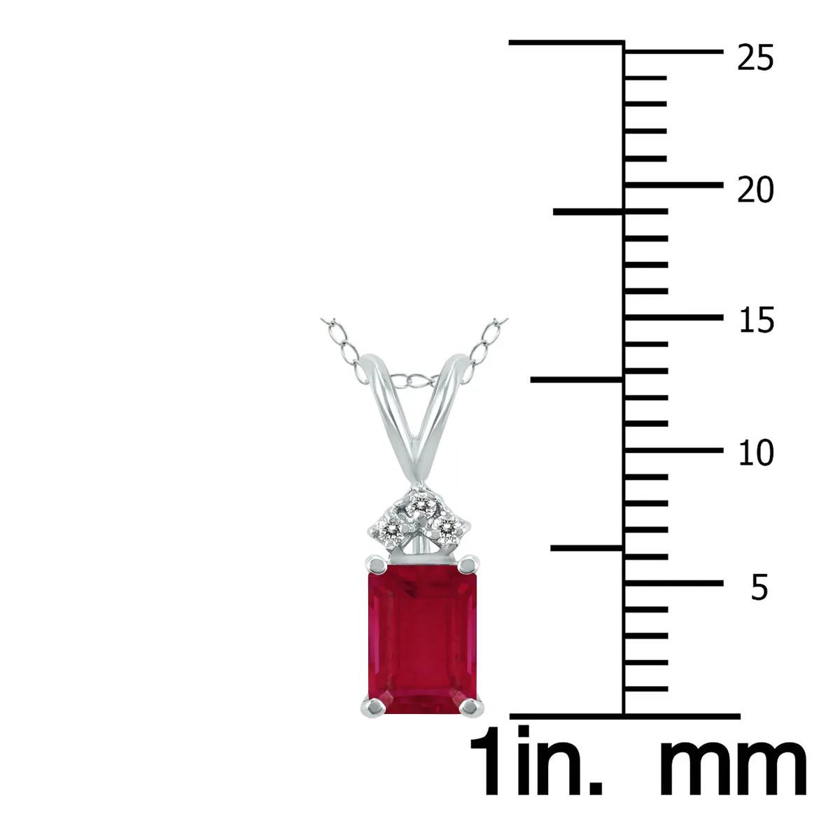 14K White Gold 6X4Mm Emerald Shaped Ruby And Three Stone Diamond Pendant