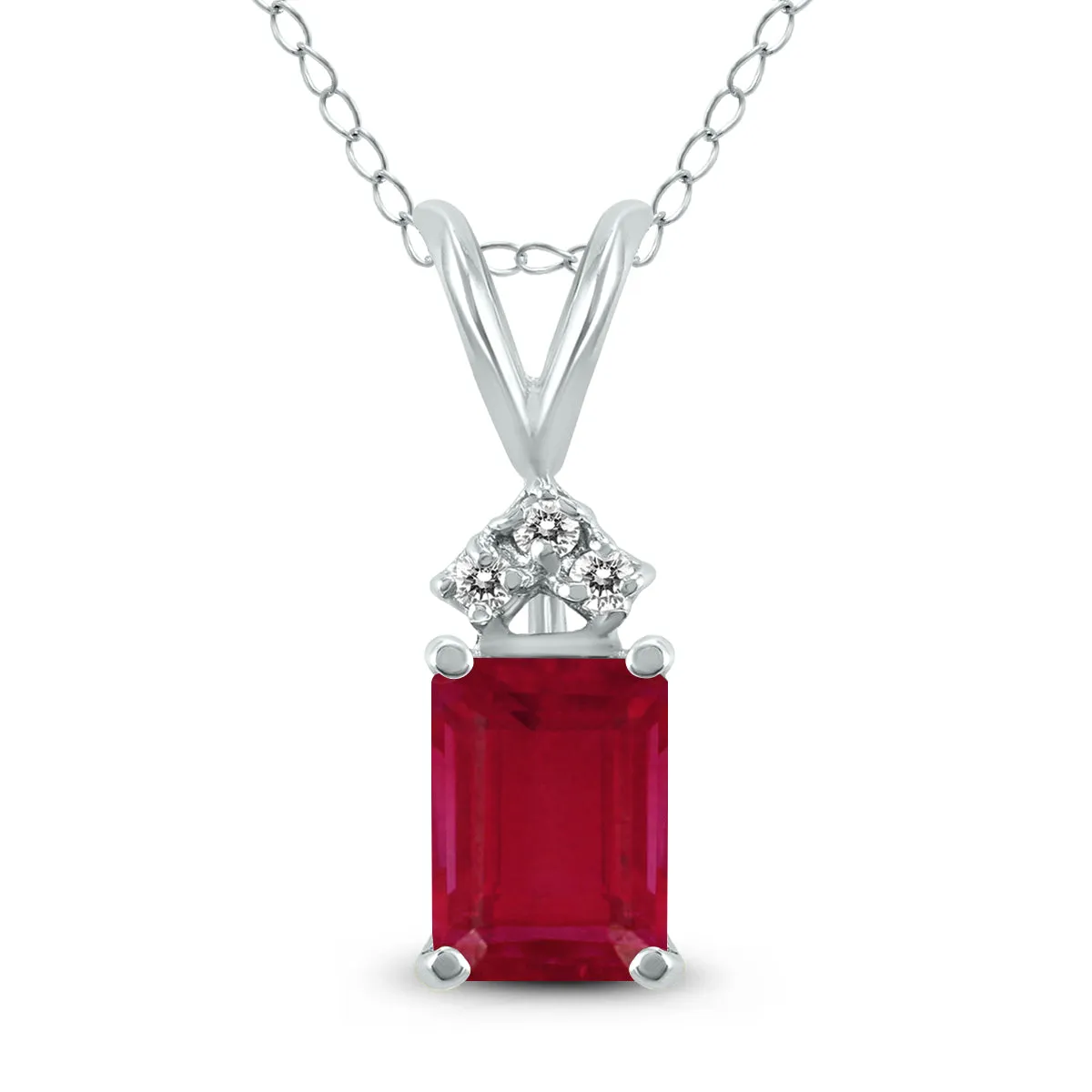 14K White Gold 6X4Mm Emerald Shaped Ruby And Three Stone Diamond Pendant