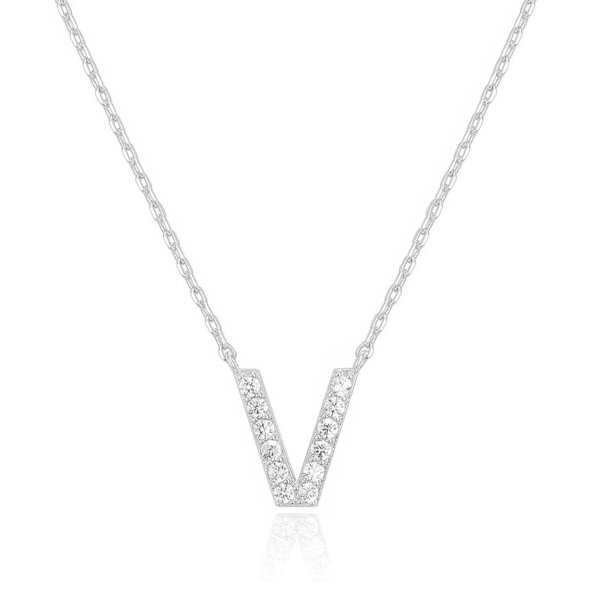 14k White Gold Created Diamond Initial V Letter Pendant Necklace Plated