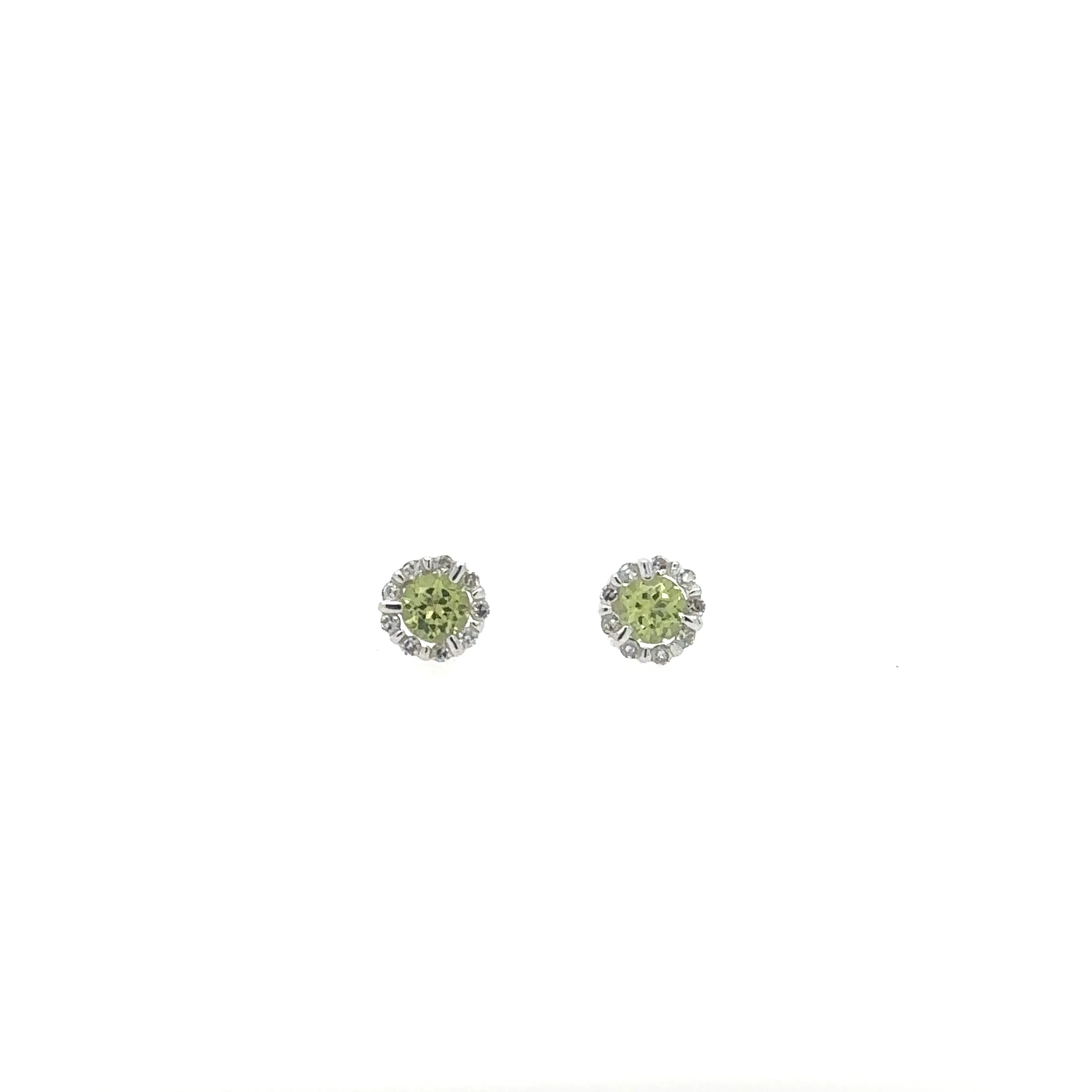 14K White Gold Green Peridot and Diamond Stud Earrings