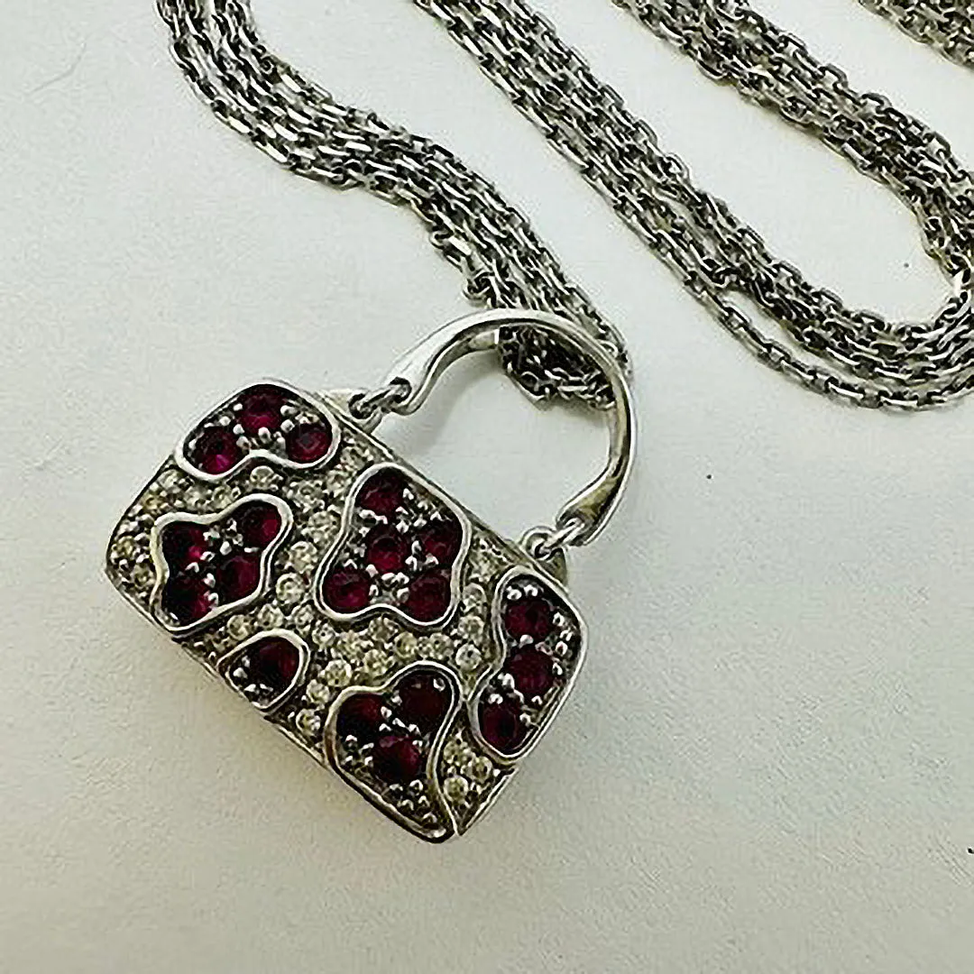 14K White Gold Necklace with Diamond and Ruby Purse Pendant