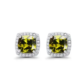 14k White Gold Plated 1 Ct Created Halo Princess Cut Peridot Stud Earrings