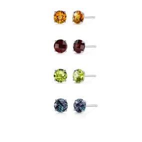 14k White Gold Plated 1/2Ct Created Citrine, Garnet, Peridot and Alexandrite 4 Pair Round Stud Earrings