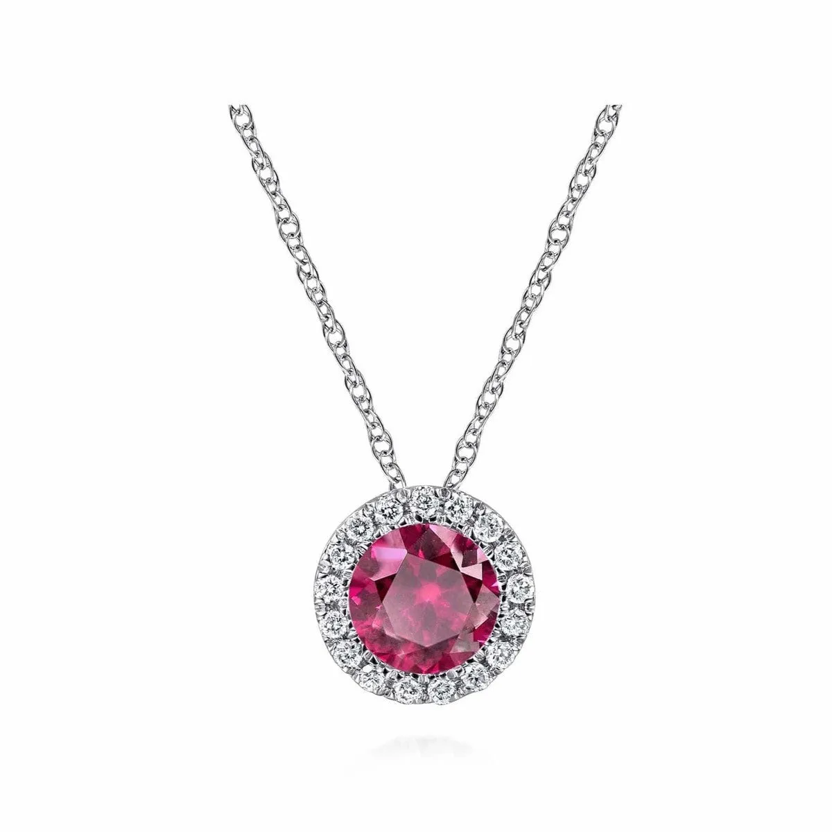 14K White Gold Ruby and Diamond Halo Pendant Necklace - NK2824W45RA