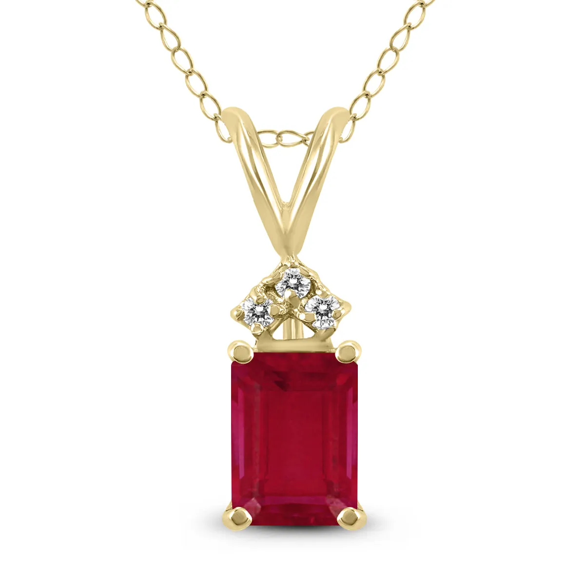 14K Yellow Gold 6X4Mm Emerald Shaped Ruby And Three Stone Diamond Pendant