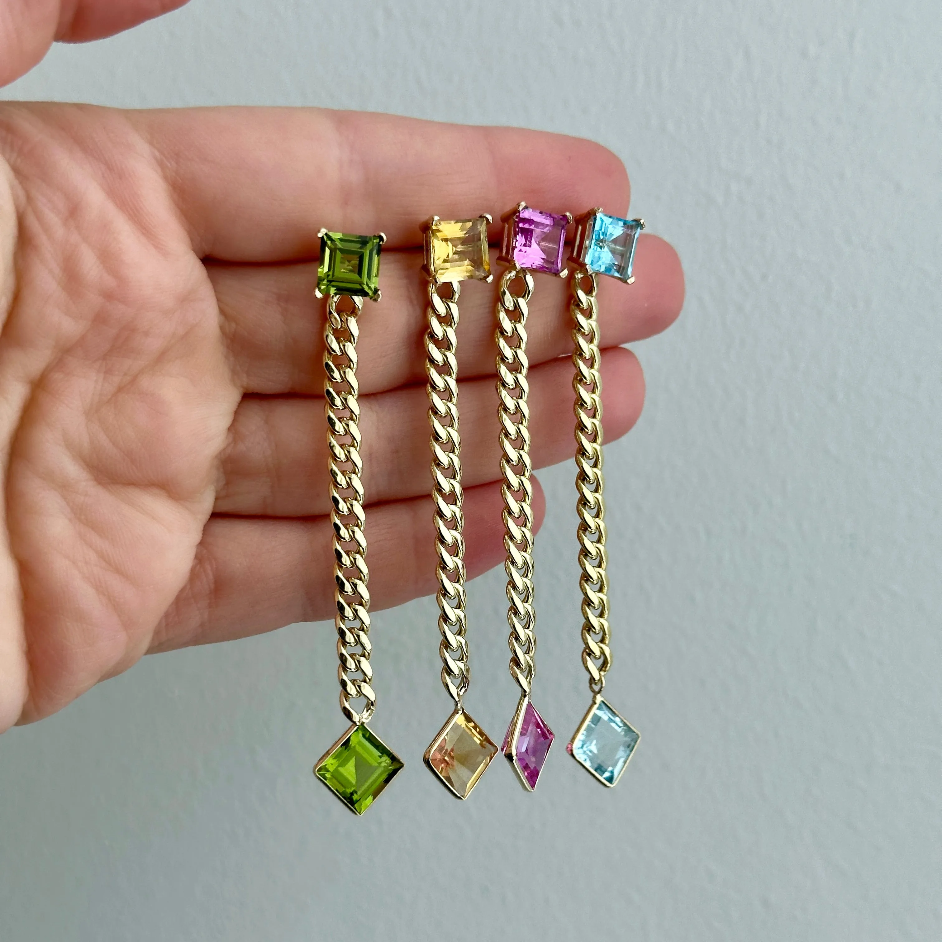 14K Yellow Gold Princess Cut Peridot Gemstones Cuban Chain Earrings