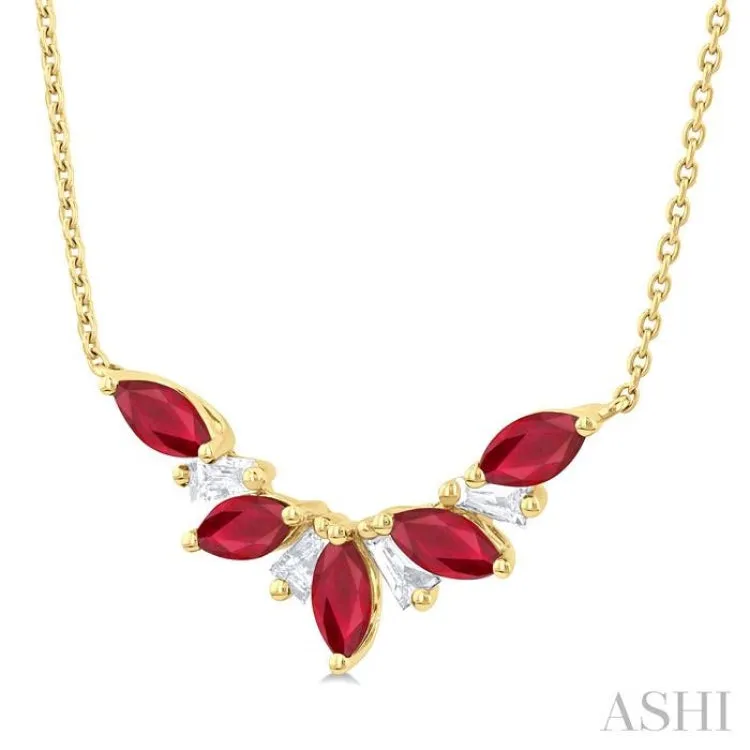 1/6 ctw Marquise Cut 5X3MM Ruby and Baguette Cut Diamond Precious Gemstone Necklace in 14K Yellow Gold