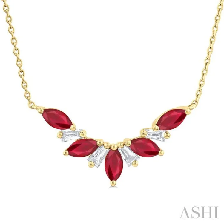 1/6 ctw Marquise Cut 5X3MM Ruby and Baguette Cut Diamond Precious Gemstone Necklace in 14K Yellow Gold