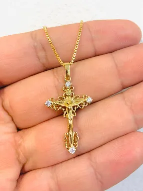 18K Gold Filled Jesus Cross Necklace CZ Stone Box Link Chain 20" INCH For Womens