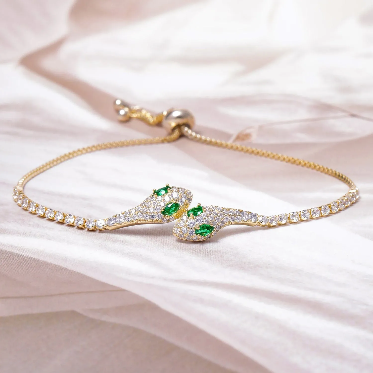 18K Gold Plated Emerald & Cubic Zirconia Studded Snake Design Bracelet