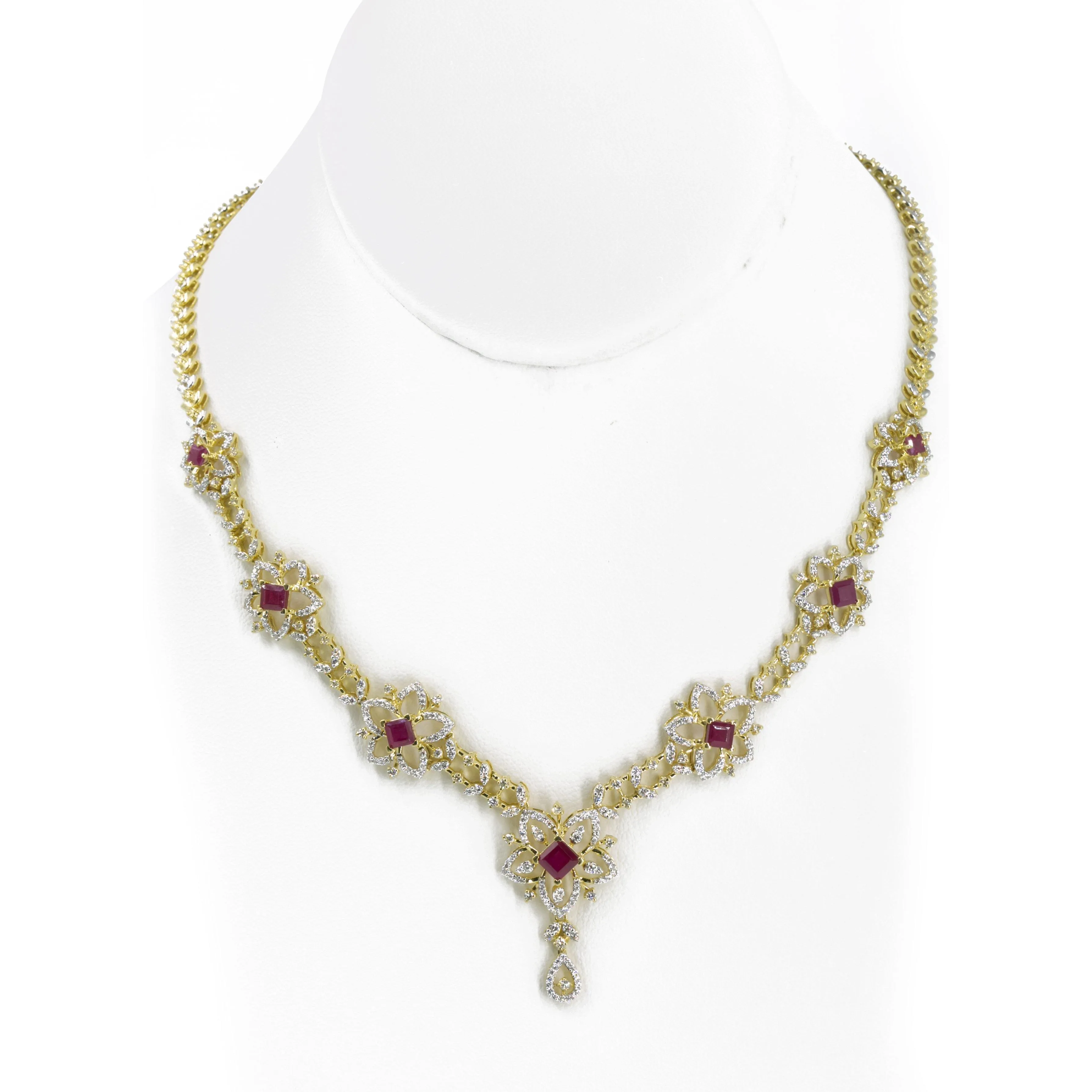 18K Multi Tone Gold Diamond Earrings & Necklace Set W/ VVS Diamonds on Flower Accented Chain