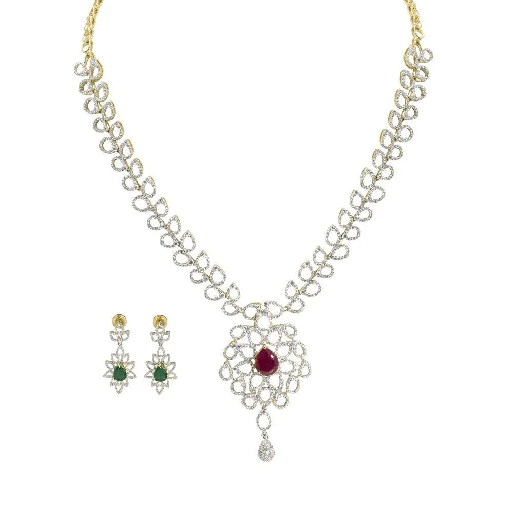 18K Multi Tone Gold Diamond Necklace & Drop Earrings Set W/ 6.27ct VVS Diamonds & Interchangeable Stone on Open Cut Leaf Frame