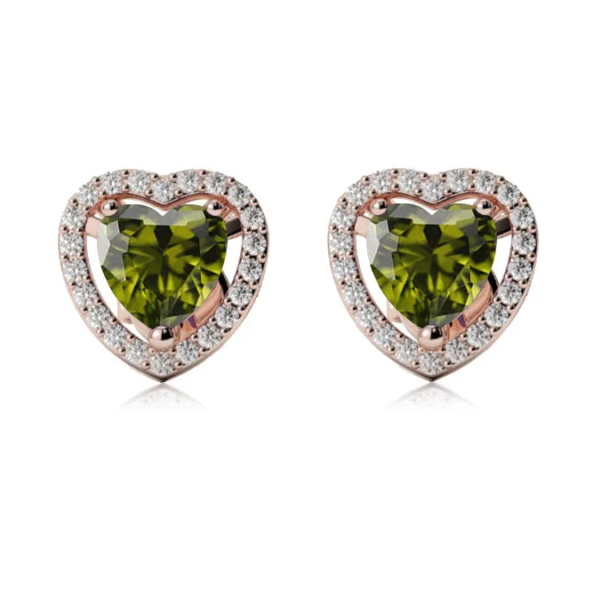 18k Rose Gold Plated 1/2 Ct Created Halo Heart Peridot Stud Earrings