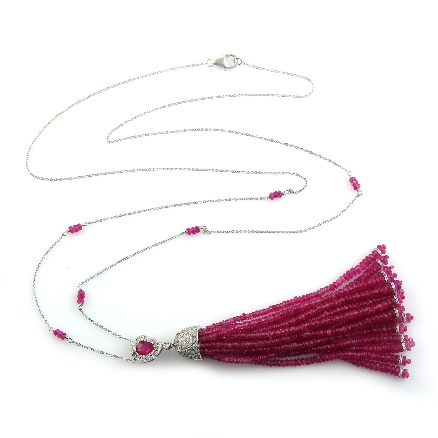 18k White Gold Natural Ruby beads Tassel Opera Necklace Diamond Jewelry