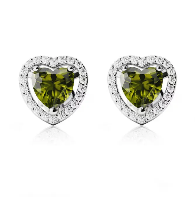 18k White Gold Plated 4 Ct Created Halo Heart Peridot Stud Earrings