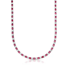 18K White Gold Ruby and White Cubic Zirconia Tennis Necklace 22 CTTW 18" Length