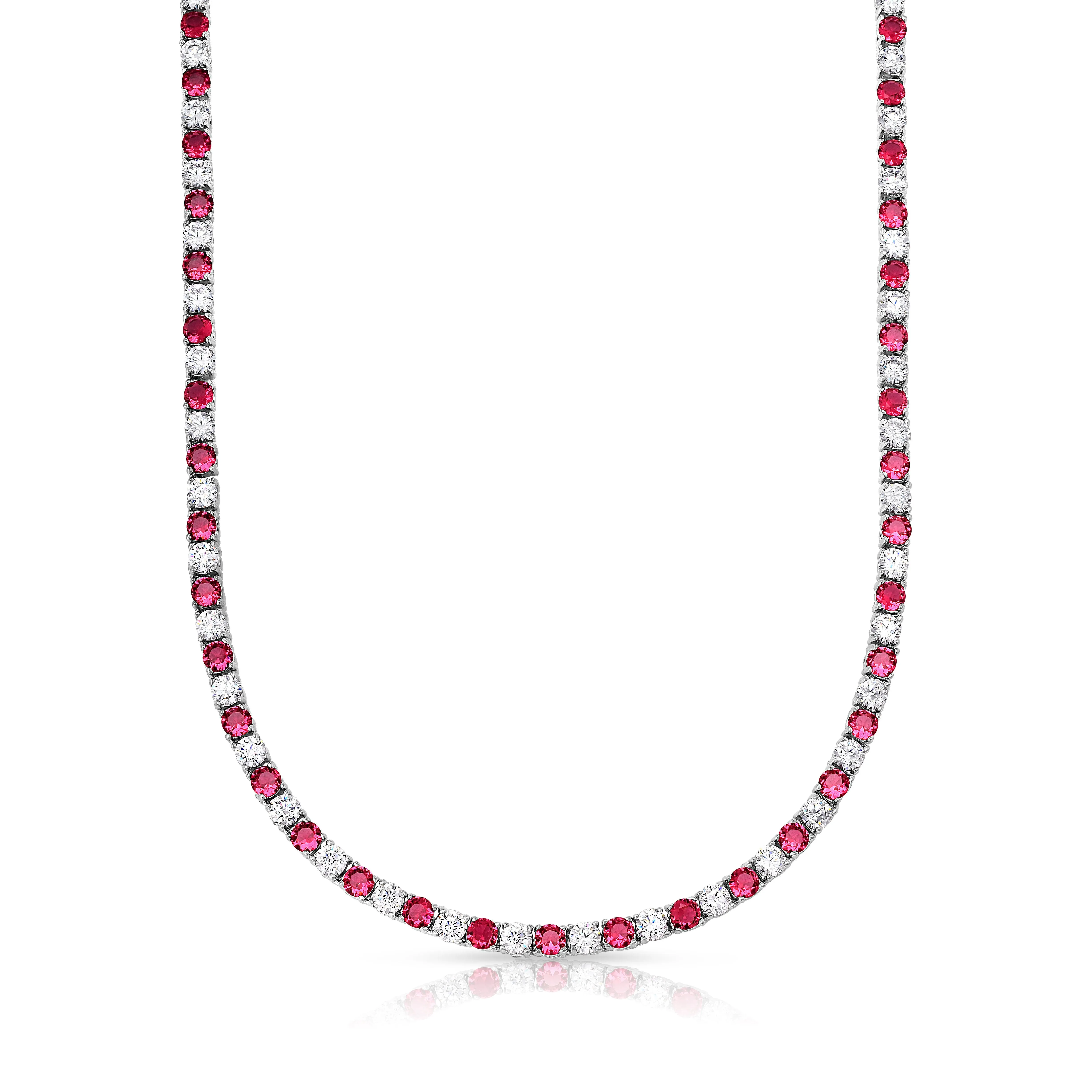 18K White Gold Ruby and White Cubic Zirconia Tennis Necklace 22 CTTW 18" Length