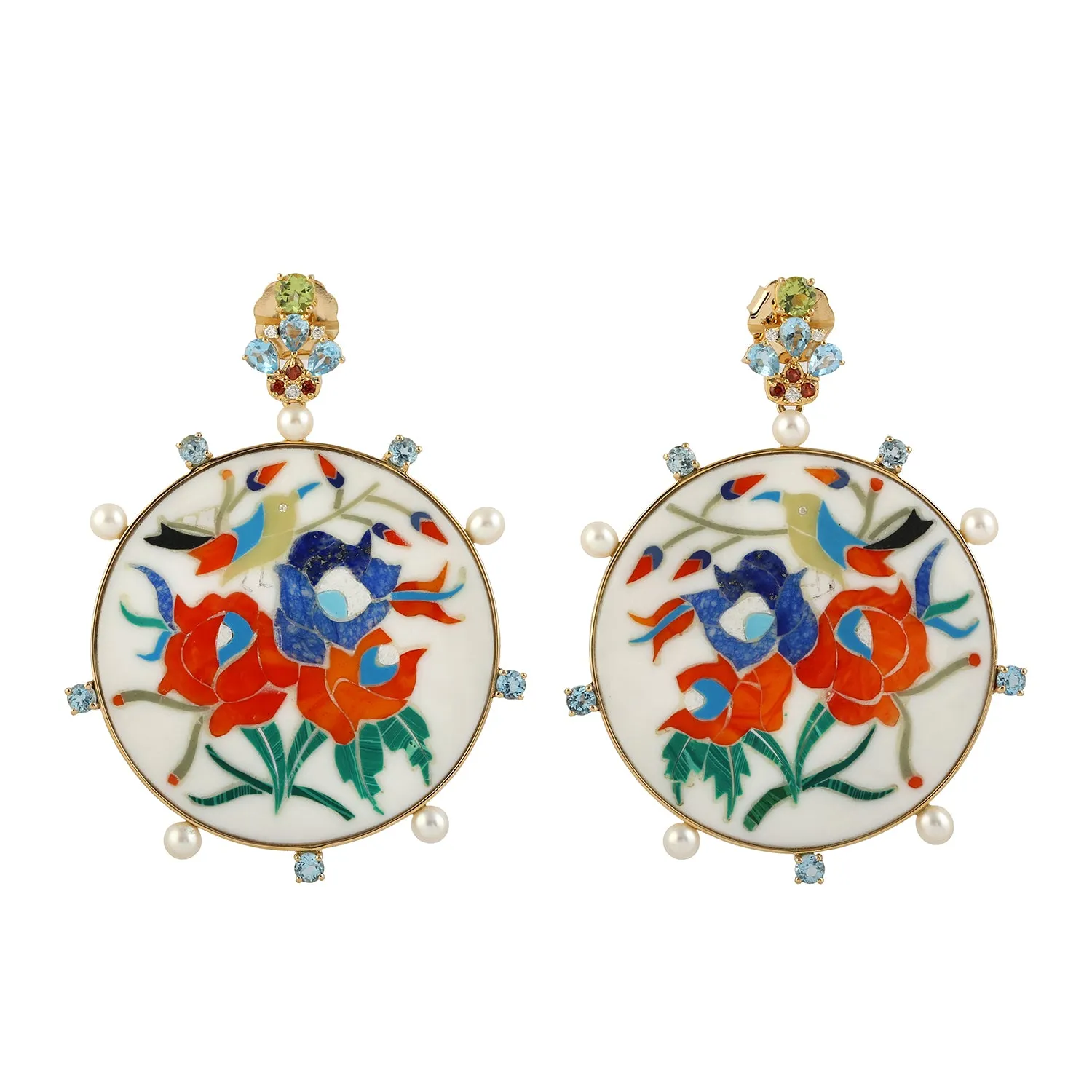 18k Yellow Gold Multi Gemstone Pave Diamond Flower Enamel Bakelite Dangle Earrings