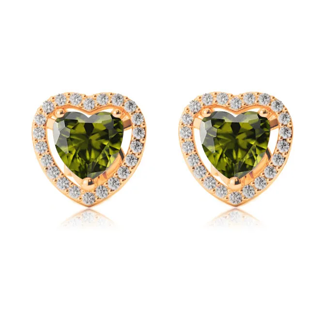 18k Yellow Gold Plated 2 Ct Created Halo Heart Peridot Stud Earrings