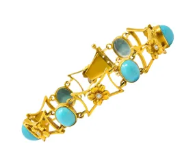 1905 Victorian Turquoise Diamond 14 Karat Yellow Gold Floral Link Bracelet