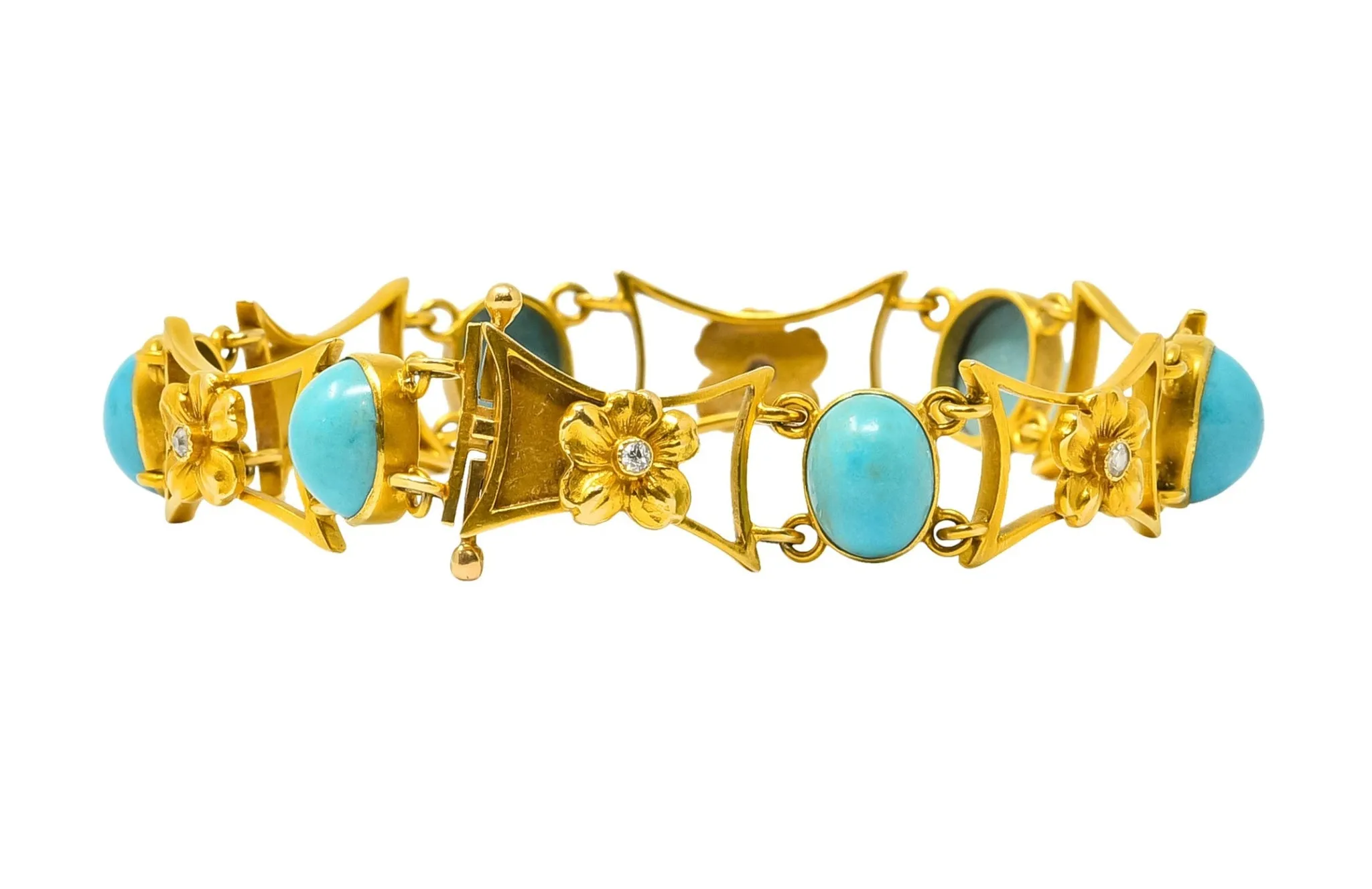 1905 Victorian Turquoise Diamond 14 Karat Yellow Gold Floral Link Bracelet