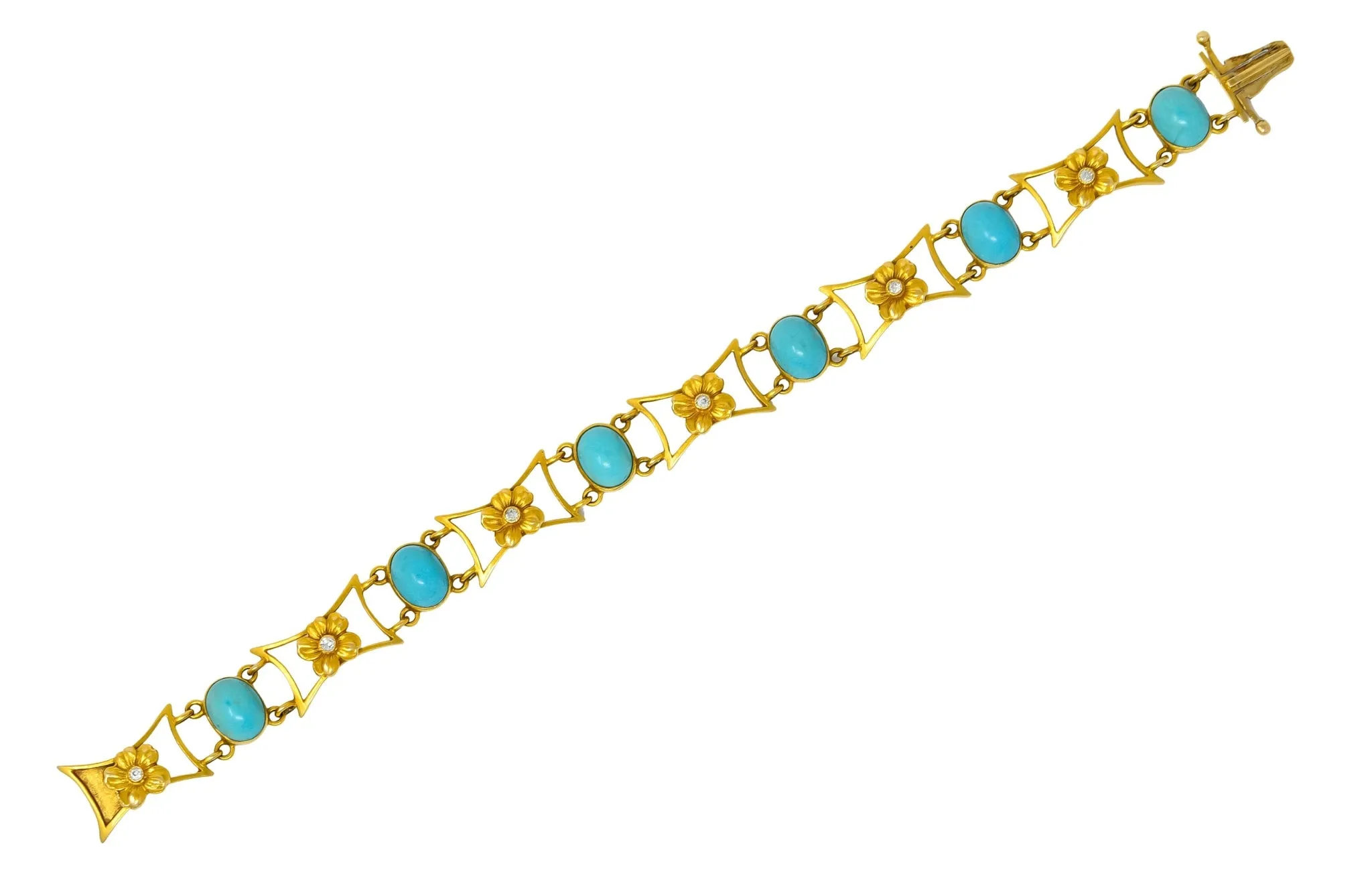 1905 Victorian Turquoise Diamond 14 Karat Yellow Gold Floral Link Bracelet