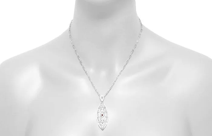 1920's Art Deco Dangling Leaf Filigree Ruby Necklace in Sterling Silver