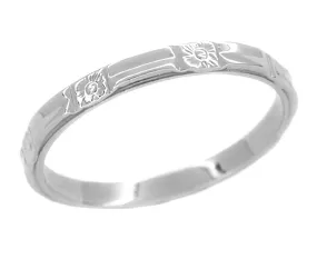 1930's Art Deco Geometric Flowers Wedding Band Ring in 14 Karat White Gold - Size 10.5