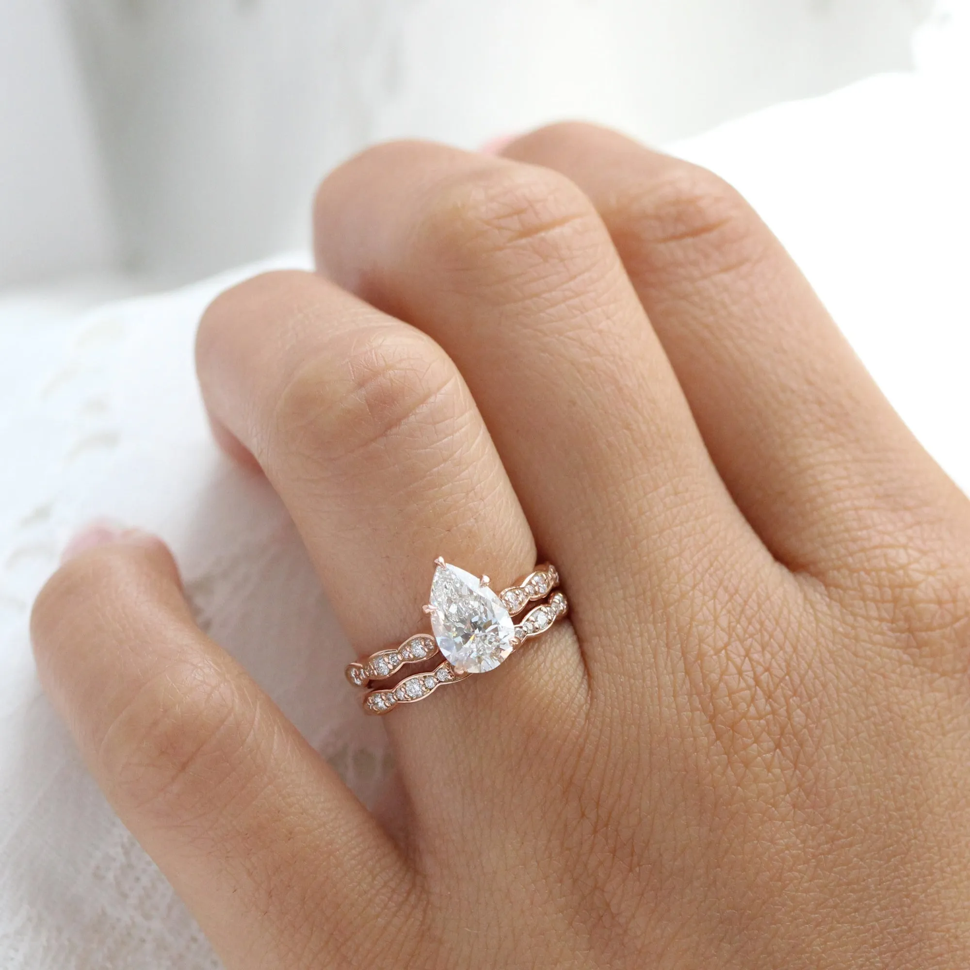 1.98 Ctw Pear Diamond Ring Stack w/ Lab Diamond and Matching Wedding Band