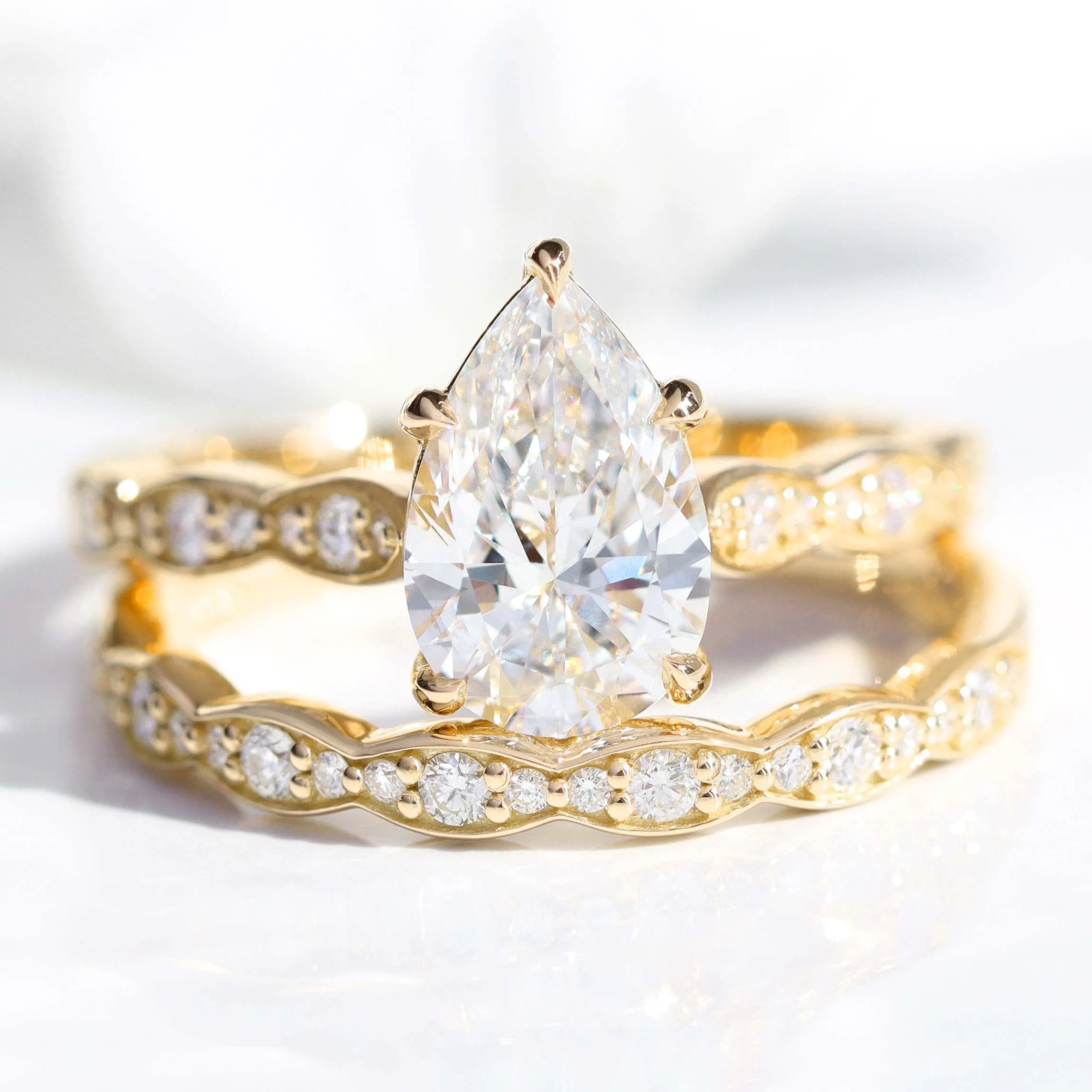 1.98 Ctw Pear Diamond Ring Stack w/ Lab Diamond and Matching Wedding Band