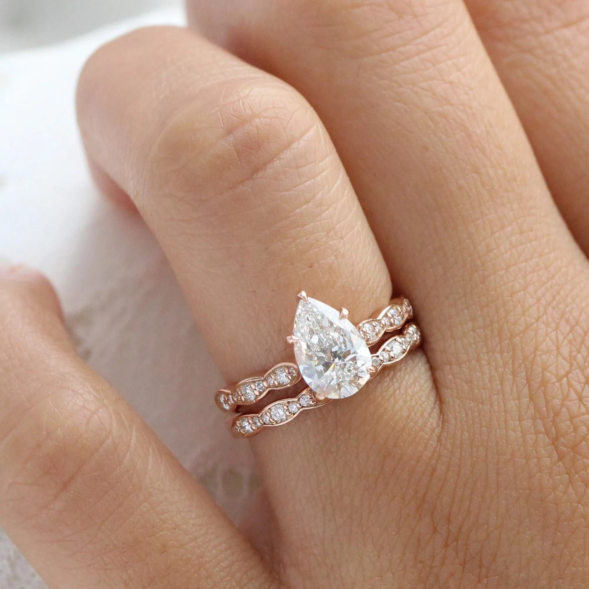 1.98 Ctw Pear Diamond Ring Stack w/ Lab Diamond and Matching Wedding Band