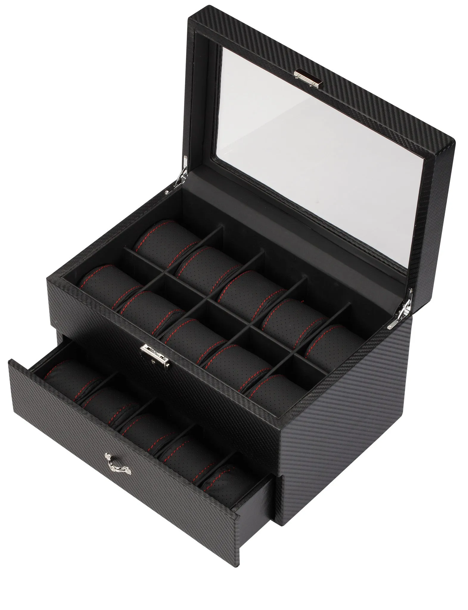 20 Piece Carbon Fiber Watch Box With Red Stitch Trim