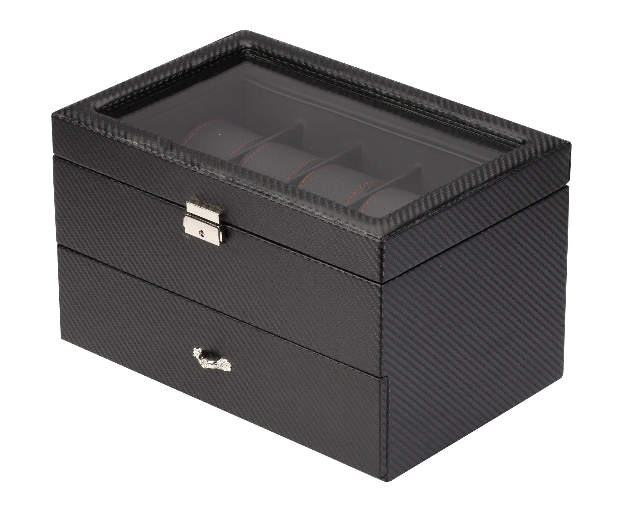 20 Piece Carbon Fiber Watch Box With Red Stitch Trim