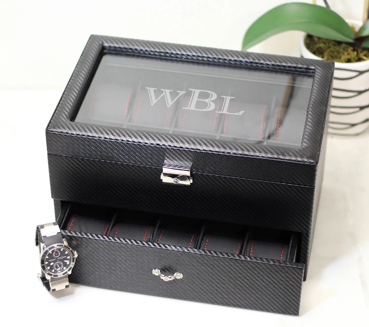 20 Piece Carbon Fiber Watch Box With Red Stitch Trim