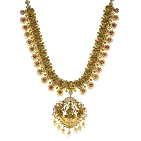 22K Antique Gold Lakshmi Necklace w/ CZ, Emerald, Ruby & Pearl (111.7gm)